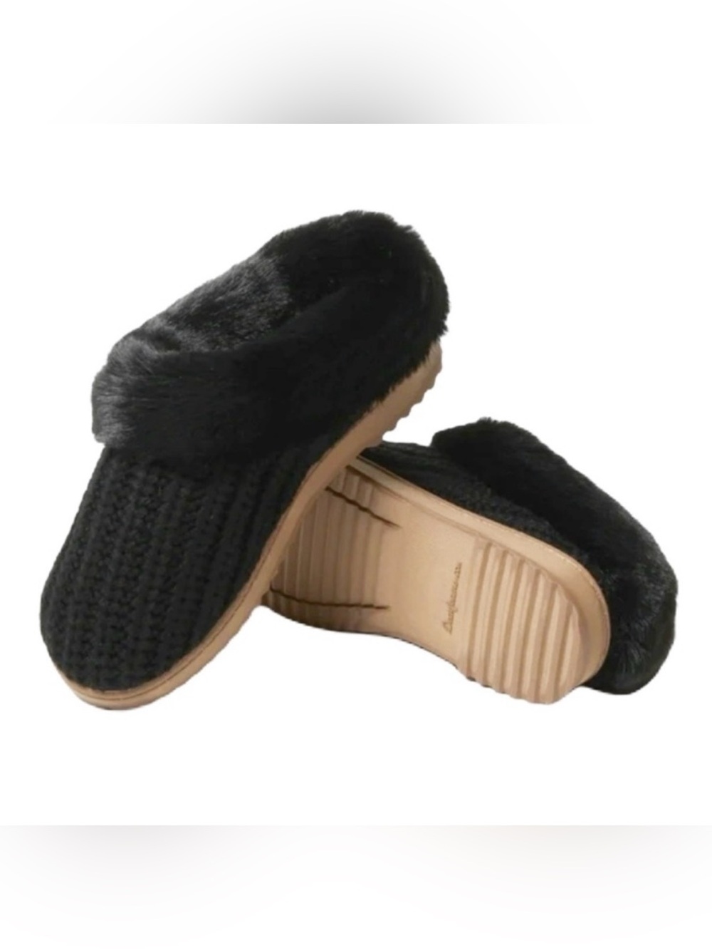 NWT Dearfoams Women's Cable Knit Faux Fur Clog Slippers Black 7-8